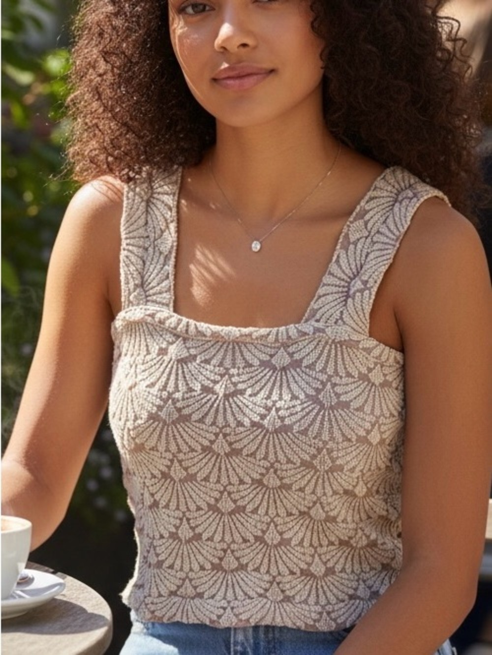 Textured Cream Knit Square-Neck Tank Top